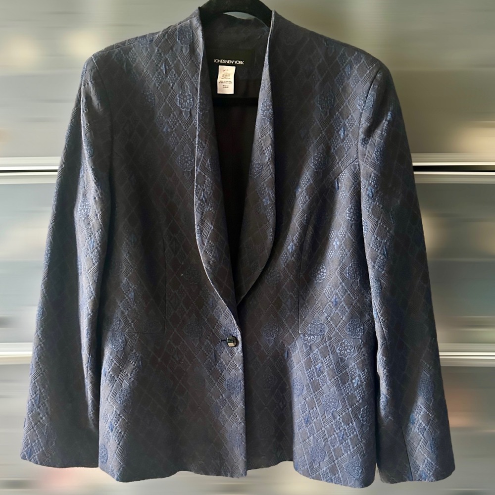Jones New York Navy Blue Jacquard Shawl Collar Blazer Jacket Size 14 Evening